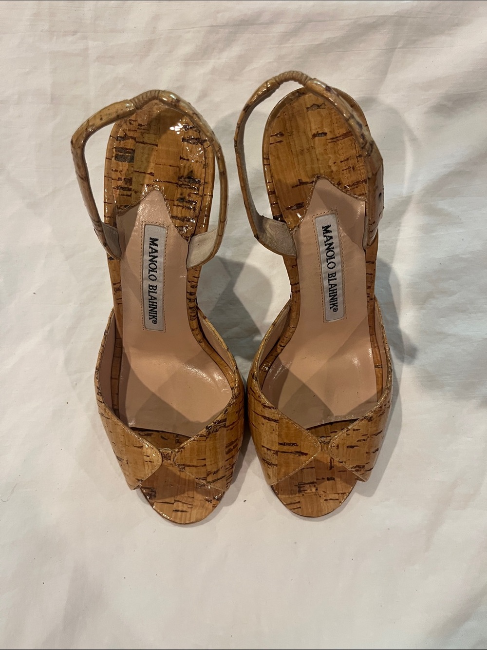 Manolo Blahnik Cork Peep-Toe Slingback Heels in Natural